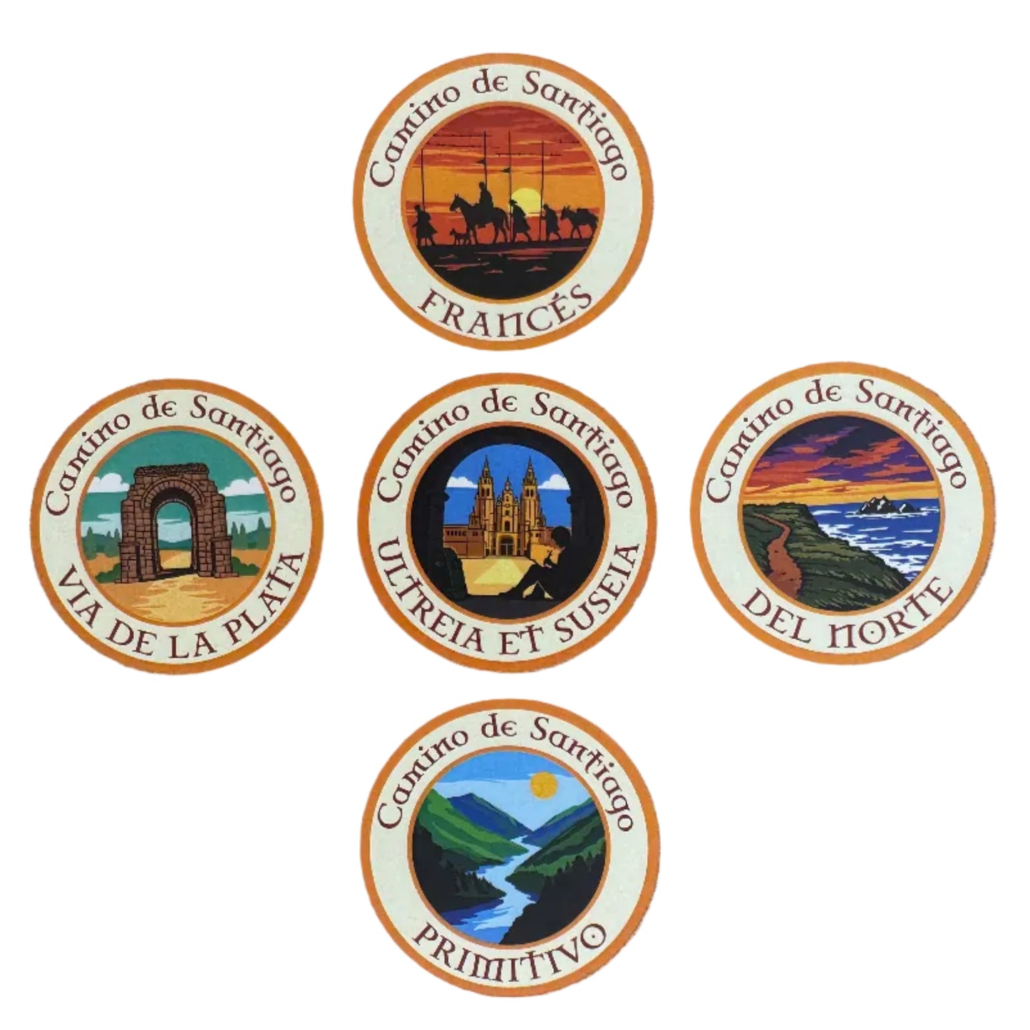 Five Camino de Santiago retro-style vinyl stickers on a white background
