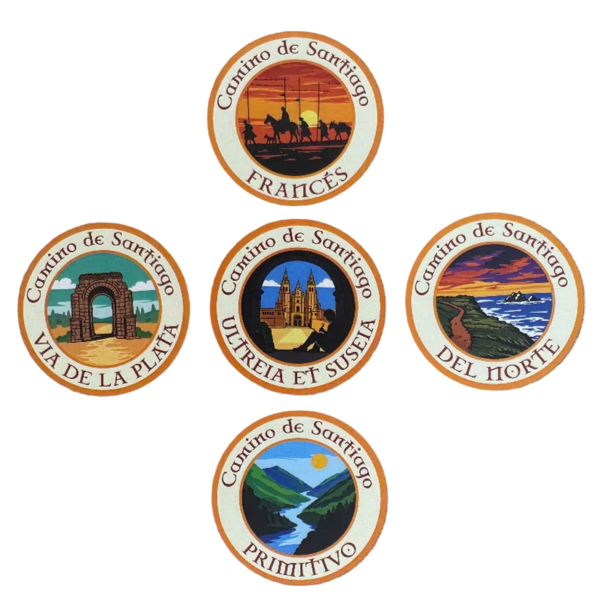Five Camino de Santiago retro-style vinyl stickers on a white background