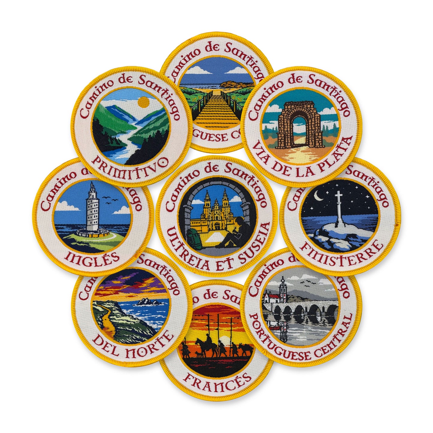 Nine circular woven patches depicting different routes of the Camino de Santiago on a white background.