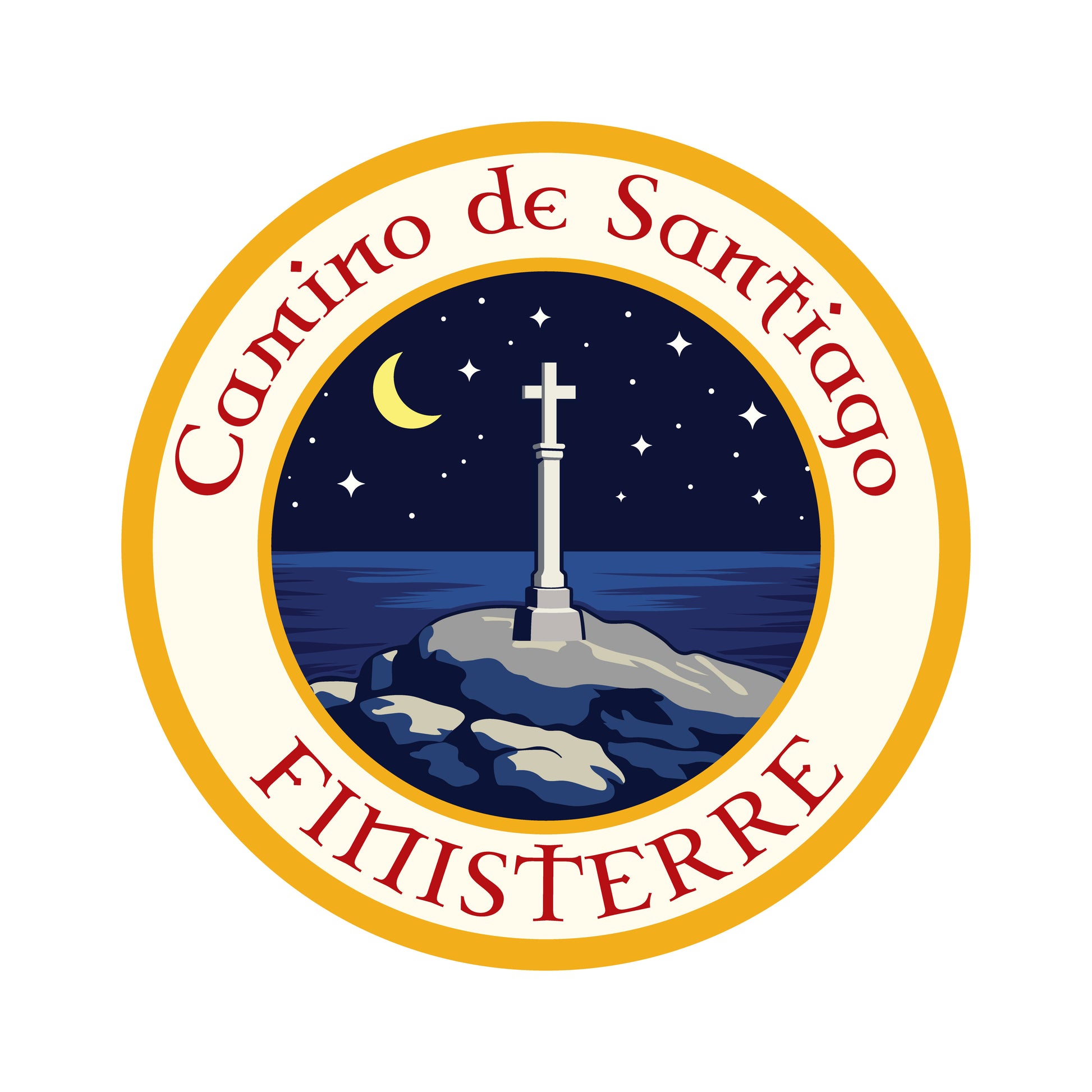 Camino Finisterre retro-style vinyl sticker on a white background