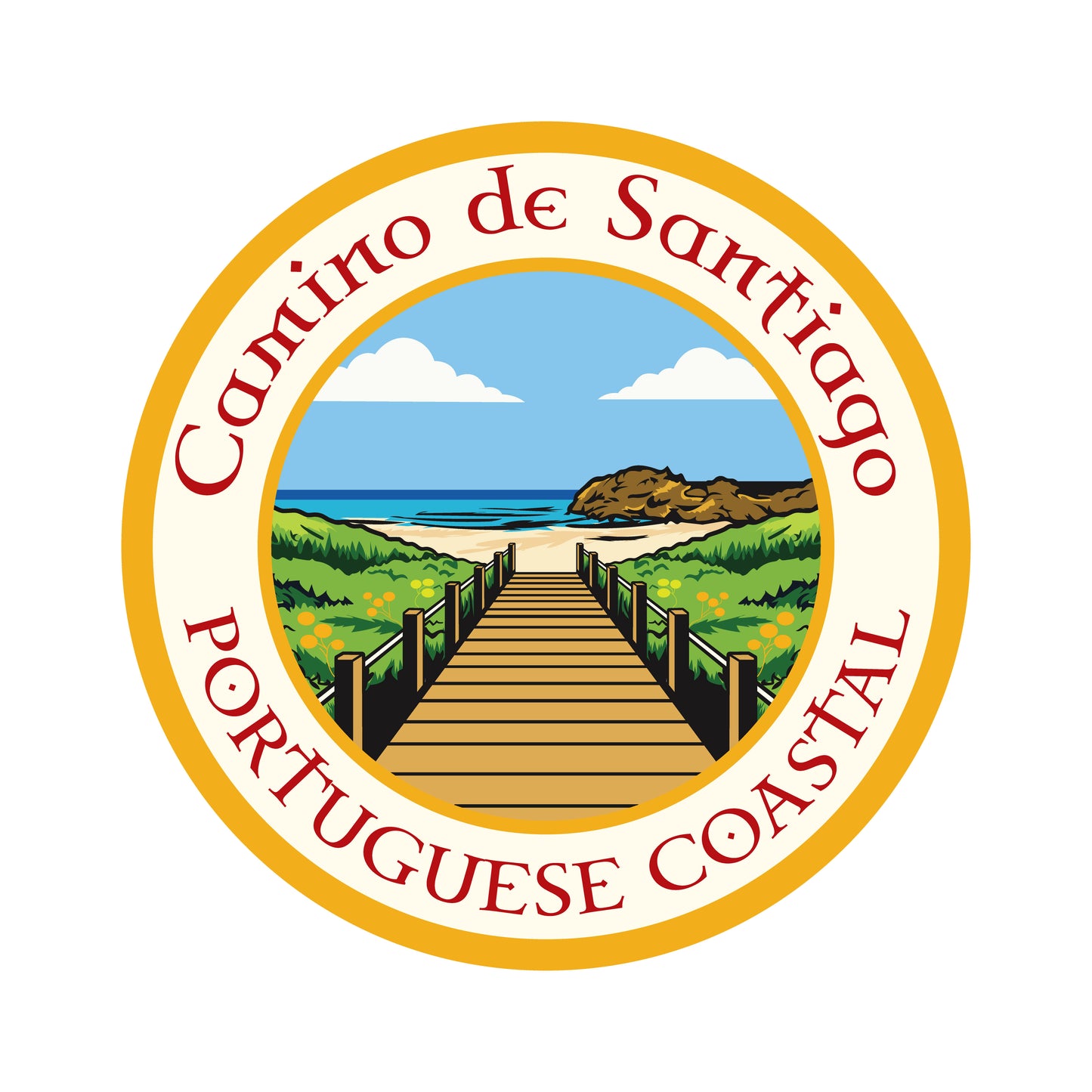 Camino Portugués Coastal retro-style vinyl sticker on a white background