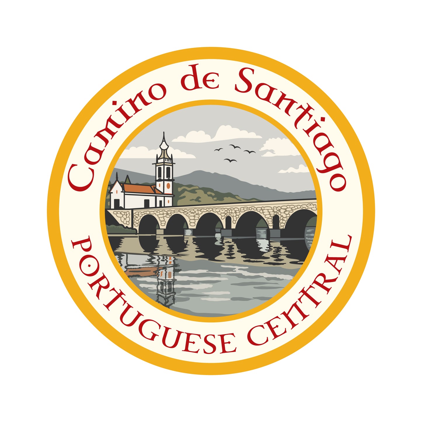 Camino Portugués Central retro-style vinyl sticker on a white background