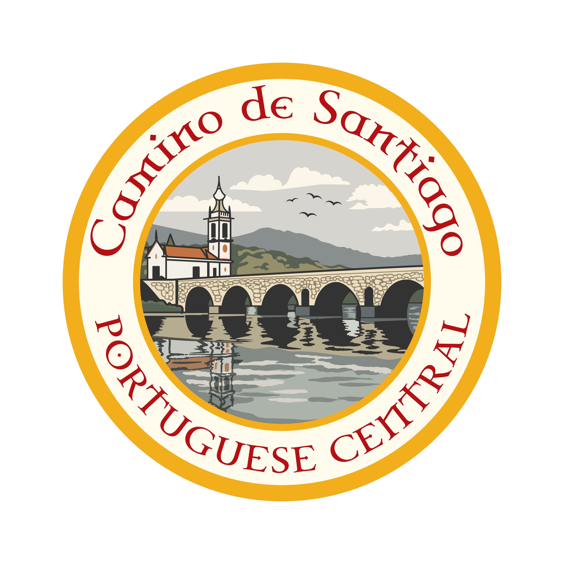 Camino Portugués Central retro-style vinyl sticker on a white background