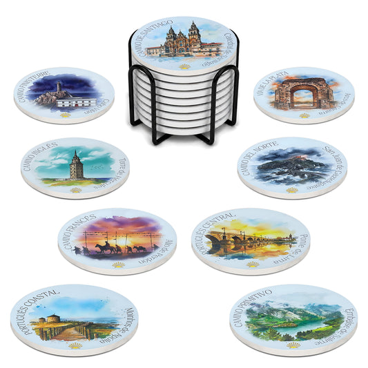 Nine ceramic Camino de Santiago coasters displayed in a matte black bracket stand, featuring all routes including the Catedral de Santiago, Camino Francés, Del Norte, Primitivo, Vía de la Plata, Portugués Central, Portugués Coastal, Inglés, and Finisterre, with gold foil accent.
