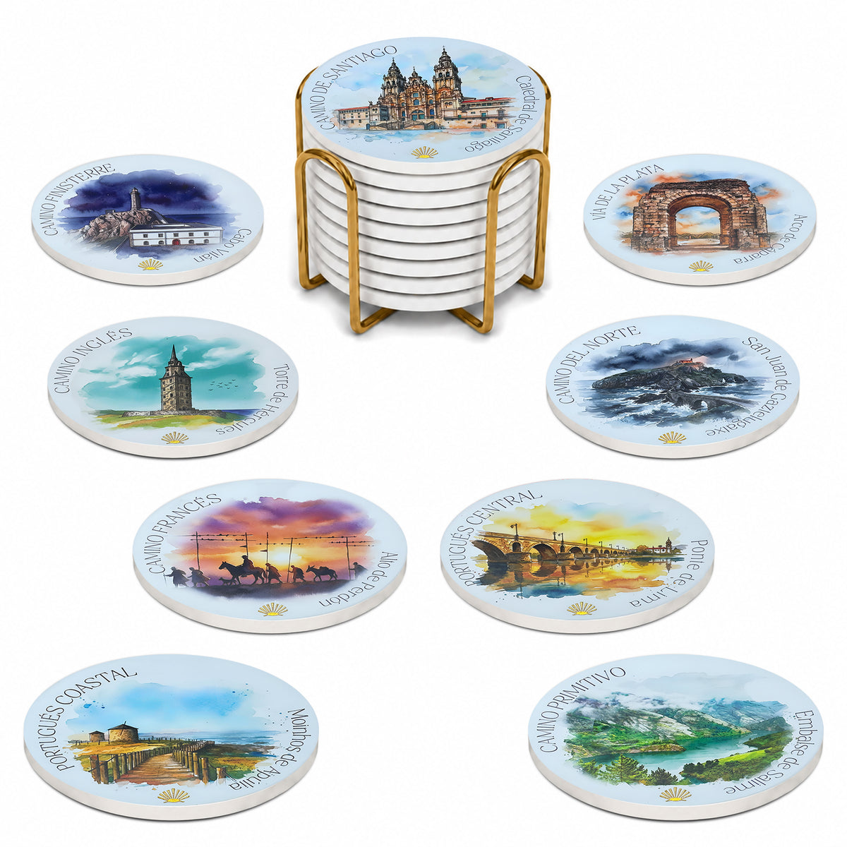 Nine ceramic Camino de Santiago coasters displayed in a matte black bracket stand, featuring all routes including the Catedral de Santiago, Camino Francés, Del Norte, Primitivo, Vía de la Plata, Portugués Central, Portugués Coastal, Inglés, and Finisterre, with gold foil accent.