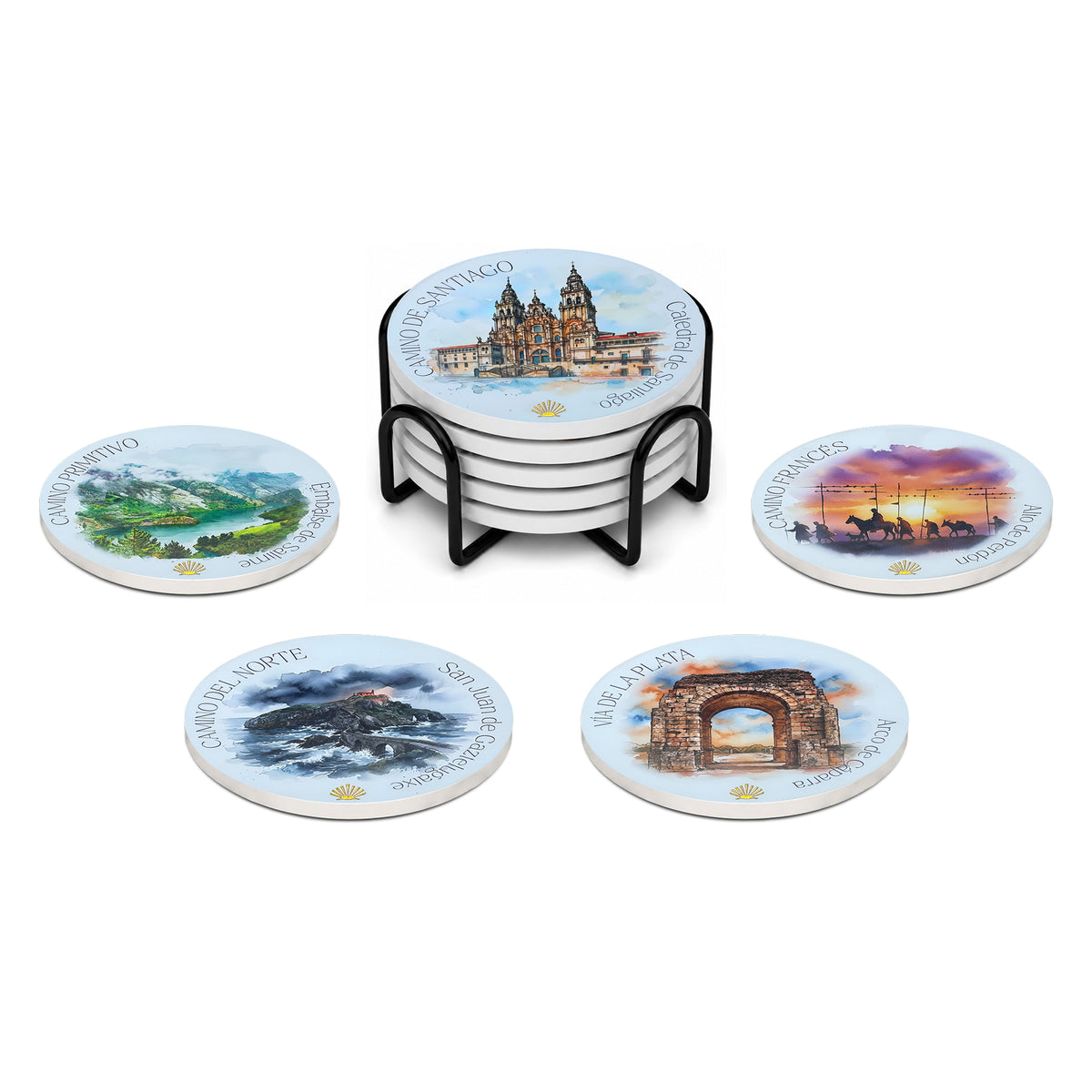 Five ceramic Camino de Santiago coasters displayed in a matte black bracket stand, featuring the Catedral de Santiago, Camino Francés, Camino del Norte, Camino Primitivo, and Vía de la Plata designs with gold foil accents.