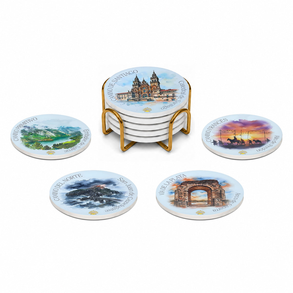Five ceramic Camino de Santiago coasters displayed in a glittering gold bracket stand, featuring the Catedral de Santiago, Camino Francés, Camino del Norte, Camino Primitivo, and Vía de la Plata designs with gold foil accents.