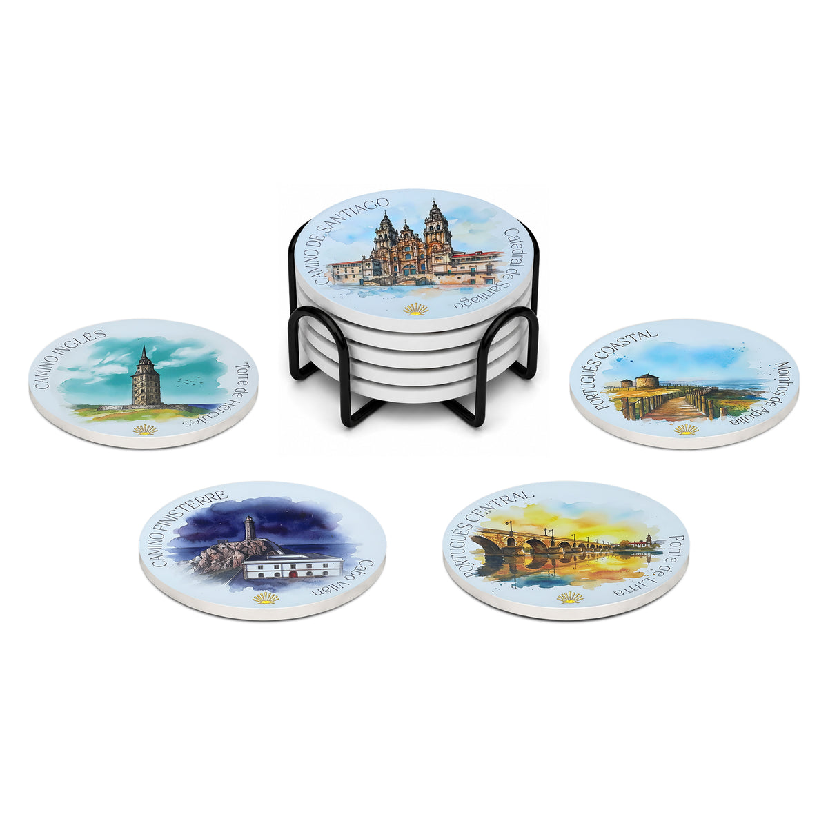 Five ceramic Western Camino Routes coasters displayed in a matte black bracket stand, featuring the Catedral de Santiago, Camino Portugués Central, Camino Portugués Coastal, Camino Inglés, and Camino de Finisterre designs with gold foil accent.