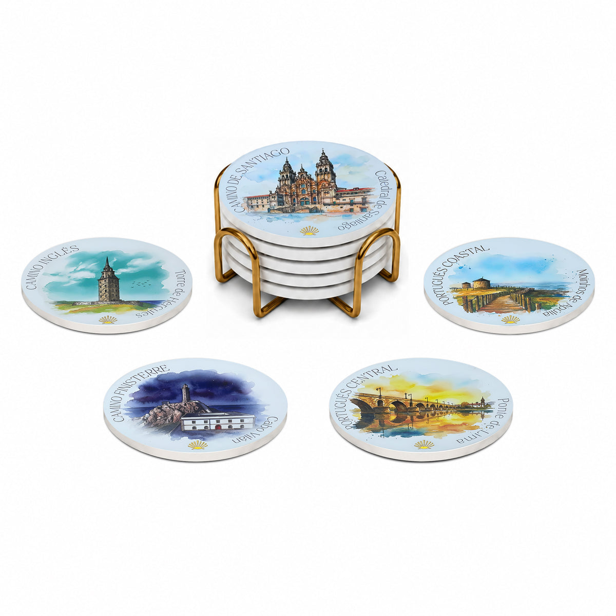 Five ceramic Western Camino Routes coasters displayed in a glittering gold bracket stand, featuring the Catedral de Santiago, Camino Portugués Central, Camino Portugués Coastal, Camino Inglés, and Camino de Finisterre designs with gold foil accent.