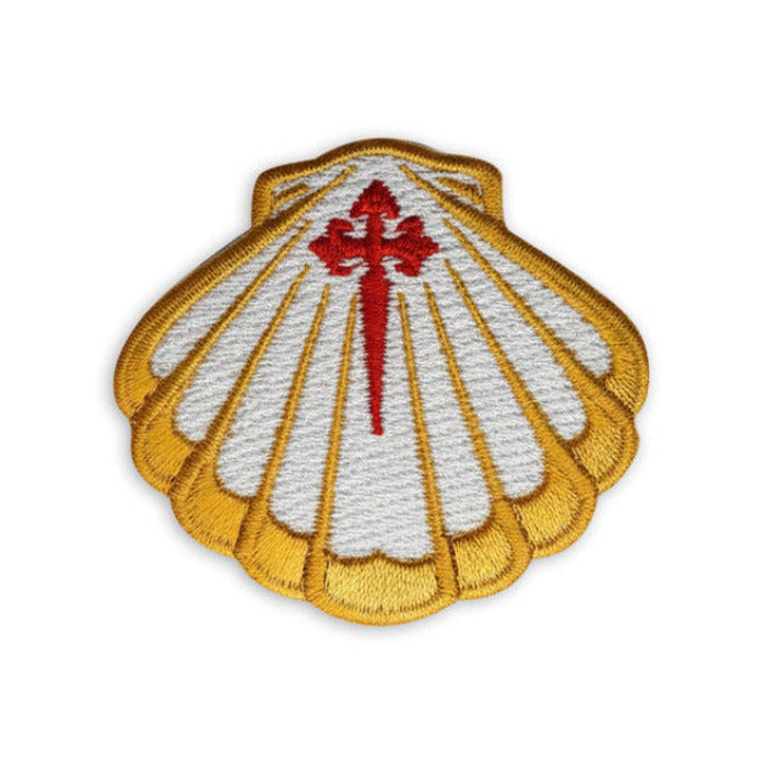 Scallop shell embroidered iron-on patch, gold and white design