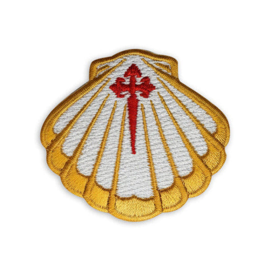 Scallop shell embroidered iron-on patch, gold and white design