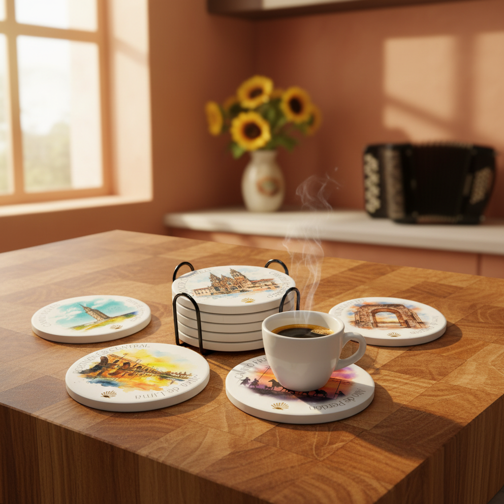 Pilgrim Artifact route coasters on a sunlit breakfast table with a coffee cup, and warm morning light