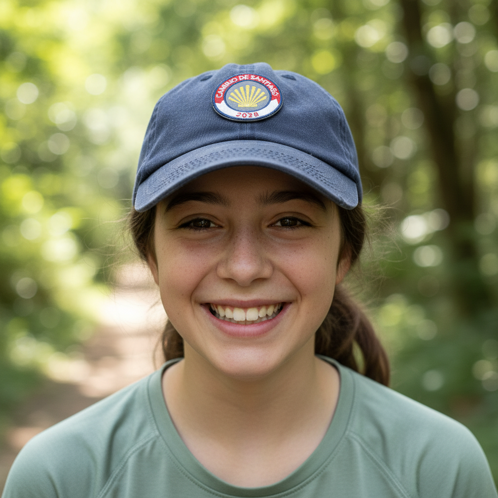 Smiling girl wearing a navy cap with a small red and white Camino de Santiago 2028 year badge patch from Pilgrim Artifact.