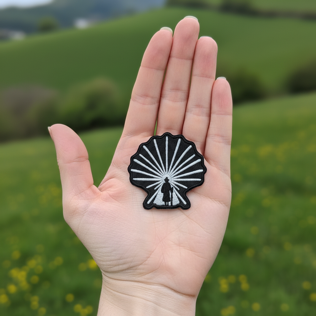 Black and white Enlightened Pilgrim iron-on patch from Pilgrim Artifact resting on an open hand
