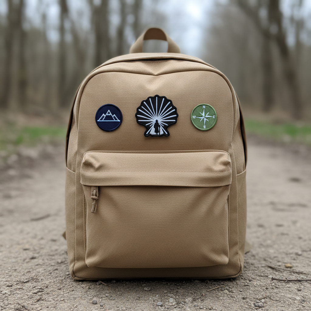 Black and white Enlightened Pilgrim scallop shell iron-on patch on a tan canvas backpack beside mountain and compass patches on a Camino de Santiago trail