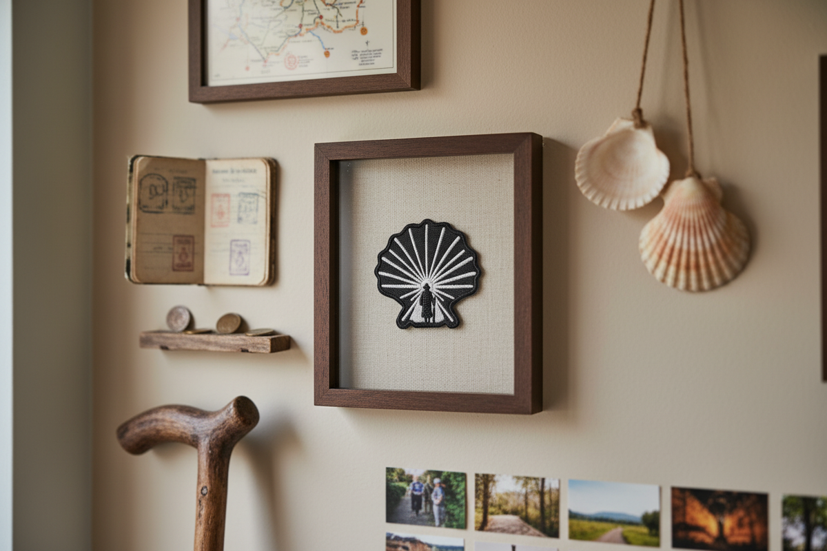 Black and white Enlightened Pilgrim Camino de Santiago patch framed on a Camino memory wall