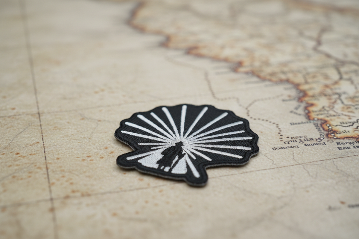 Black and white Enlightened Pilgrim scallop shell patch resting on an antique map of the Camino routes