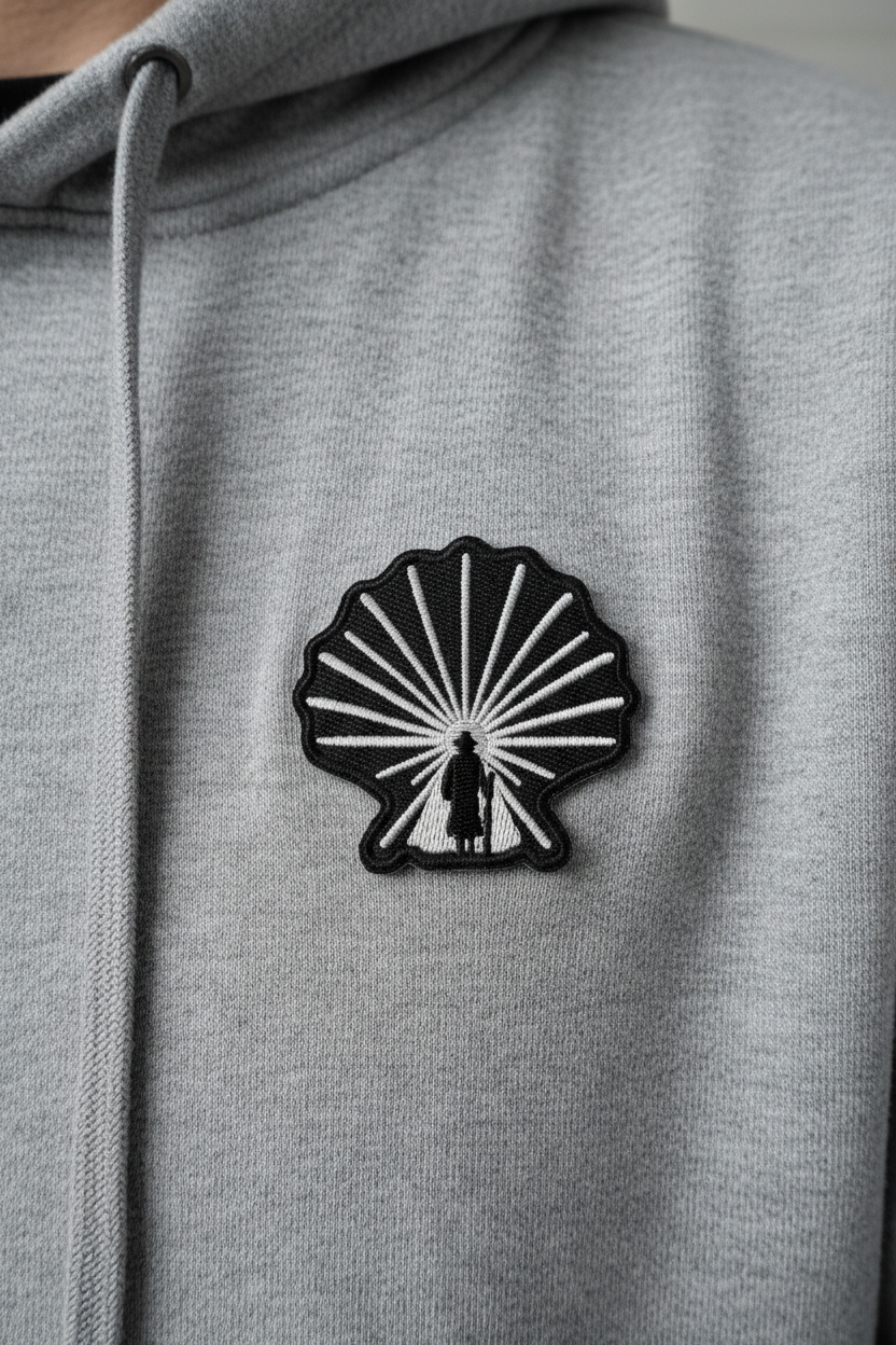 Black and white Enlightened Pilgrim iron-on patch on a grey hoodie