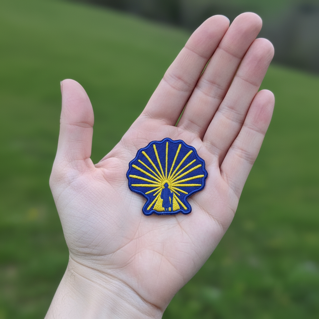 Enlightened Pilgrim iron-on patch from Pilgrim Artifact in blue and yellow resting on an open hand