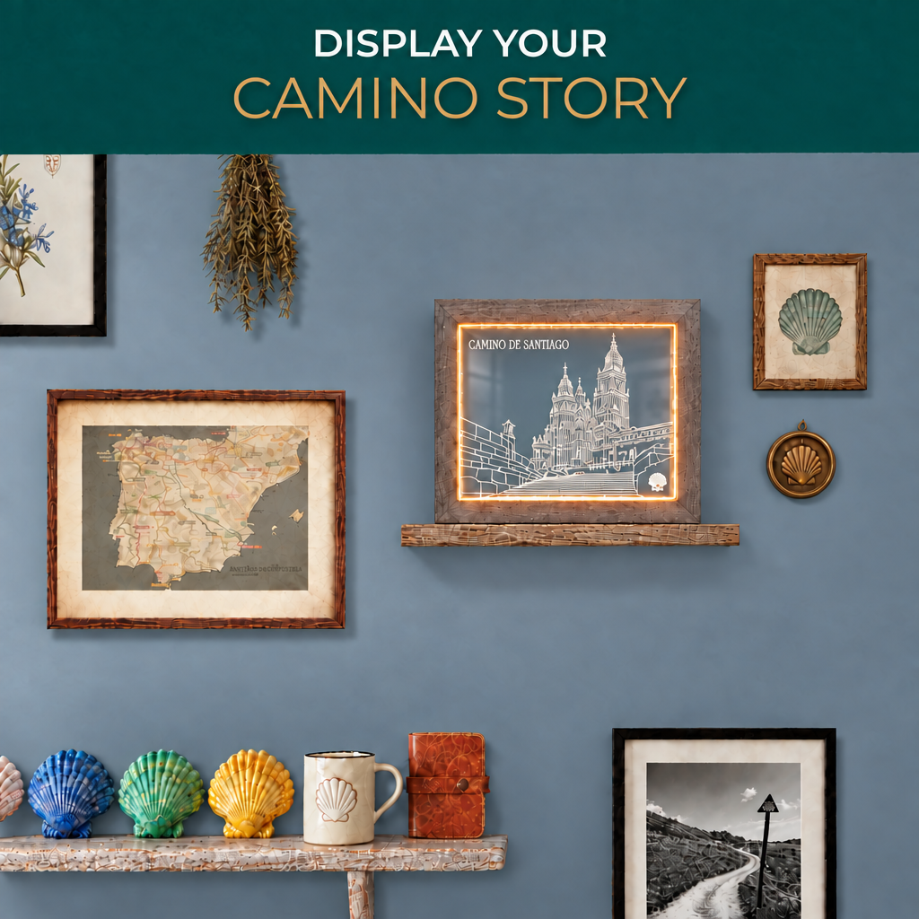 Pilgrim Artifact Camino de Santiago LED frame with glowing cathedral engraving, displayed on a shelf against a blue-gray wall alongside a Camino map and scallop shell keepsakes. 