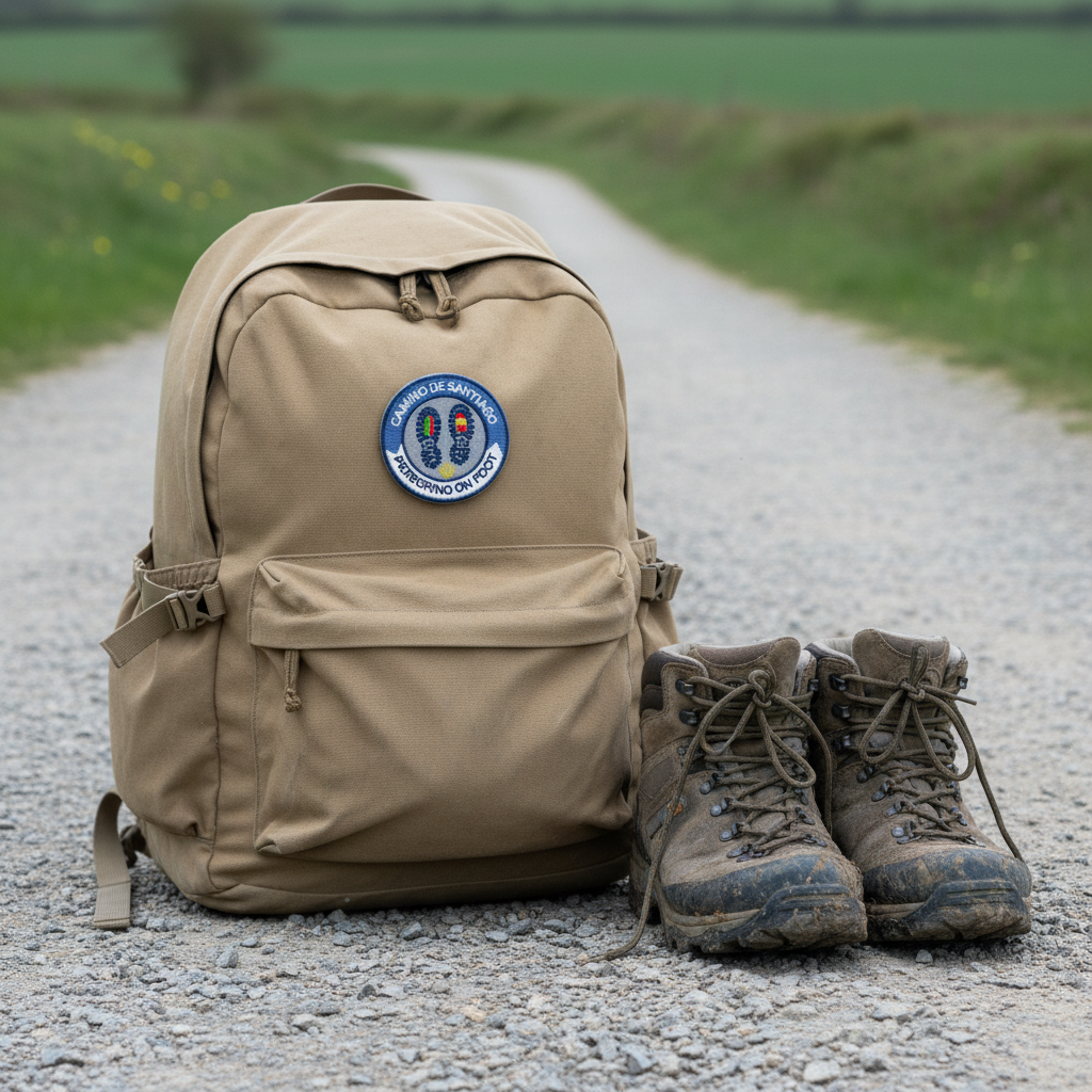 Blue Peregrino On Foot iron-on patch from Pilgrim Artifact on a tan canvas backpack beside muddy hiking boots on a Camino de Santiago gravel trail. 