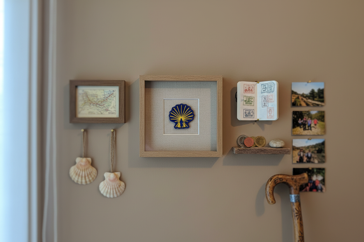 Blue and yellow Enlightened Pilgrim Camino de Santiago patch displayed in a shadow box frame on a wall