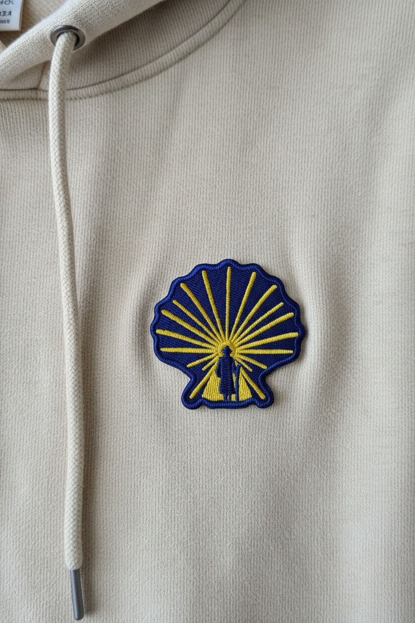 Blue and yellow Enlightened Pilgrim scallop shell patch ironed onto a beige hoodie
