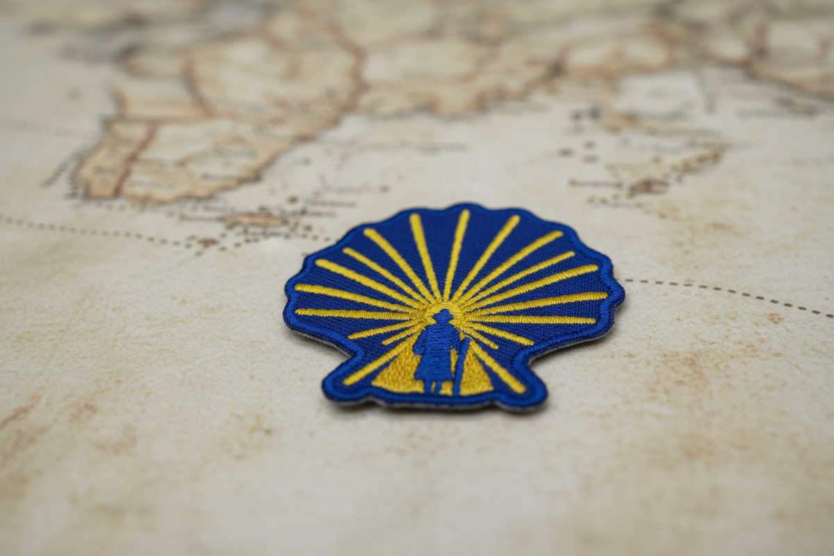 Blue and yellow Enlightened Pilgrim scallop shell patch resting on an antique map of the Camino routes