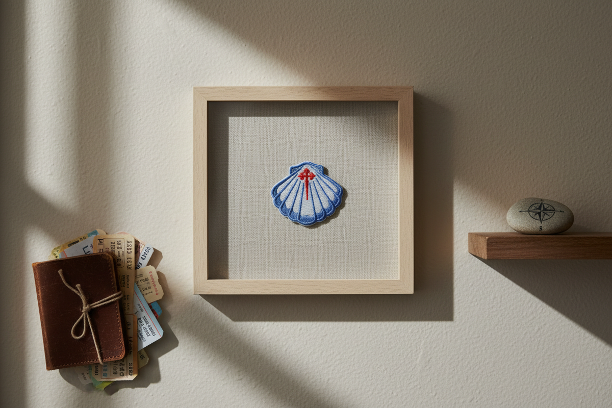 Blue scallop shell Camino de Santiago patch displayed in a shadow box frame on a wall
