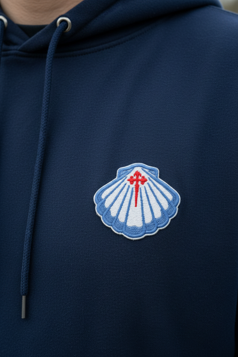 Blue scallop shell iron-on patch ironed onto a navy hoodie