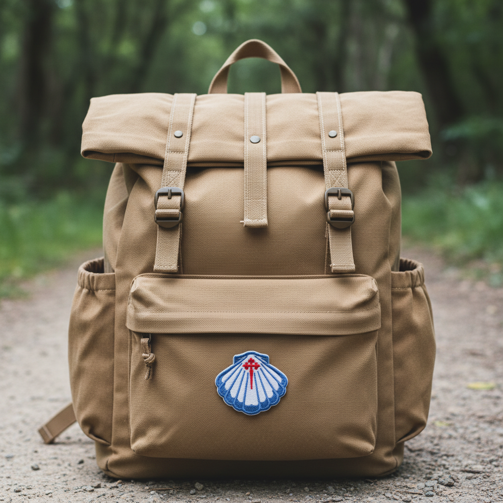 Blue scallop shell iron-on patch stitched onto a tan pilgrim backpack on the Camino de Santiago