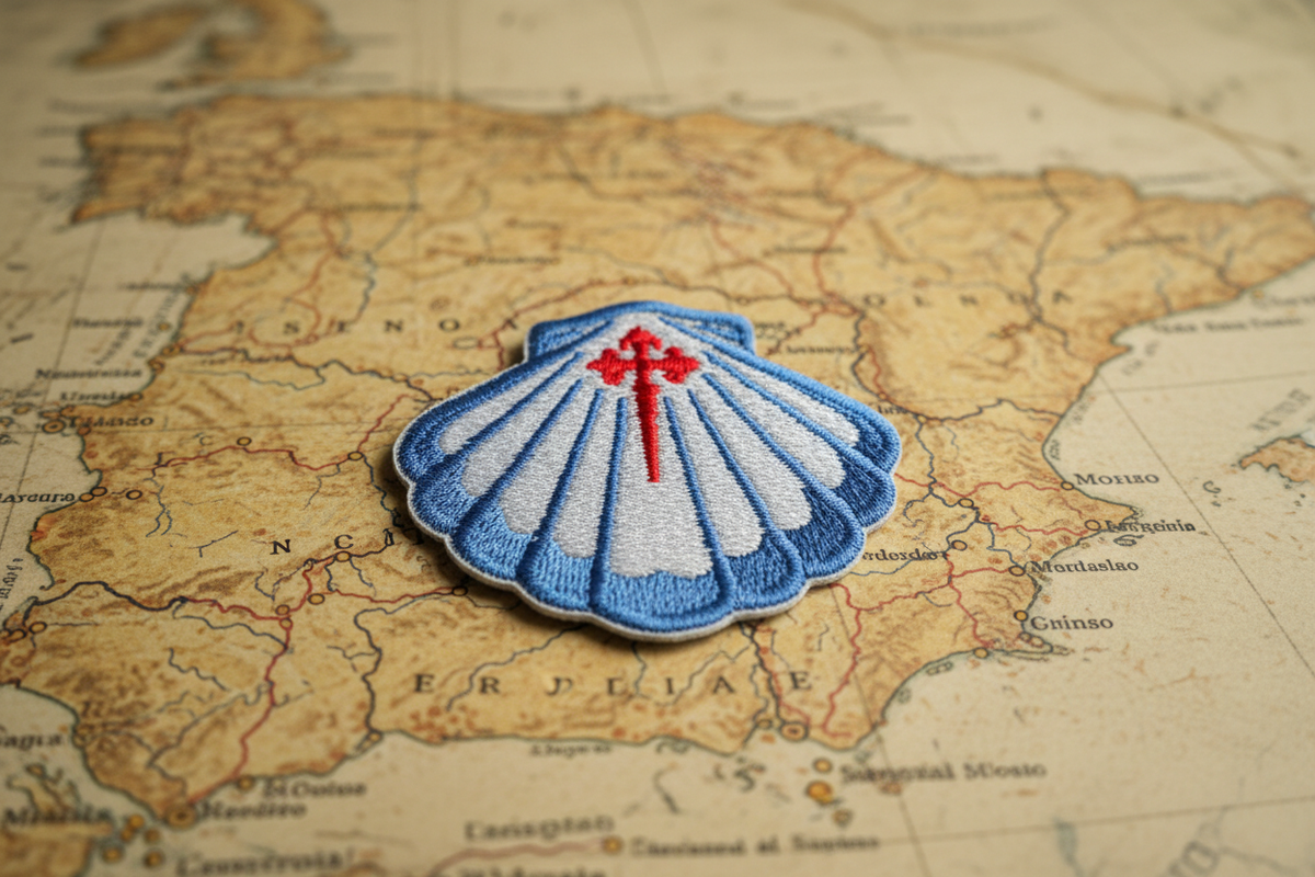 Blue and white scallop shell patch resting on an antique map of northern Spain and the Camino routes