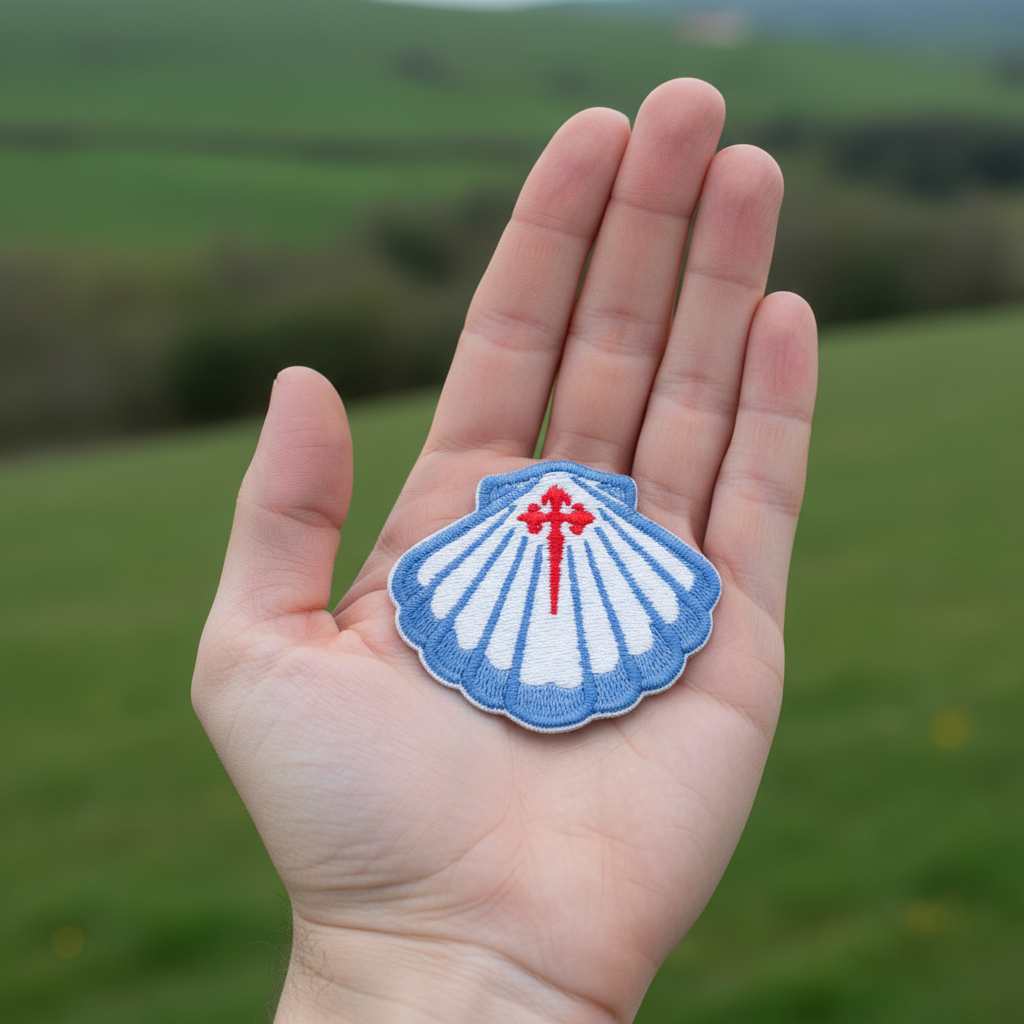Blue and white scallop shell iron-on patch from Pilgrim Artifact resting on an open hand