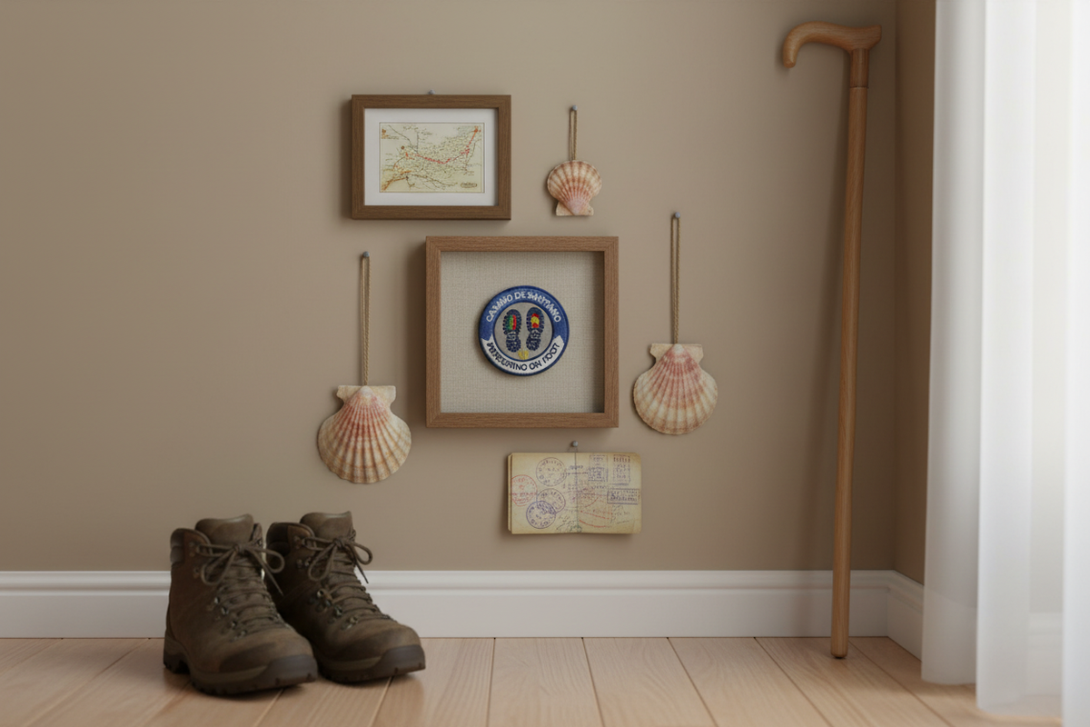 Blue Peregrino On Foot Camino de Santiago patch framed on a Camino memory wall