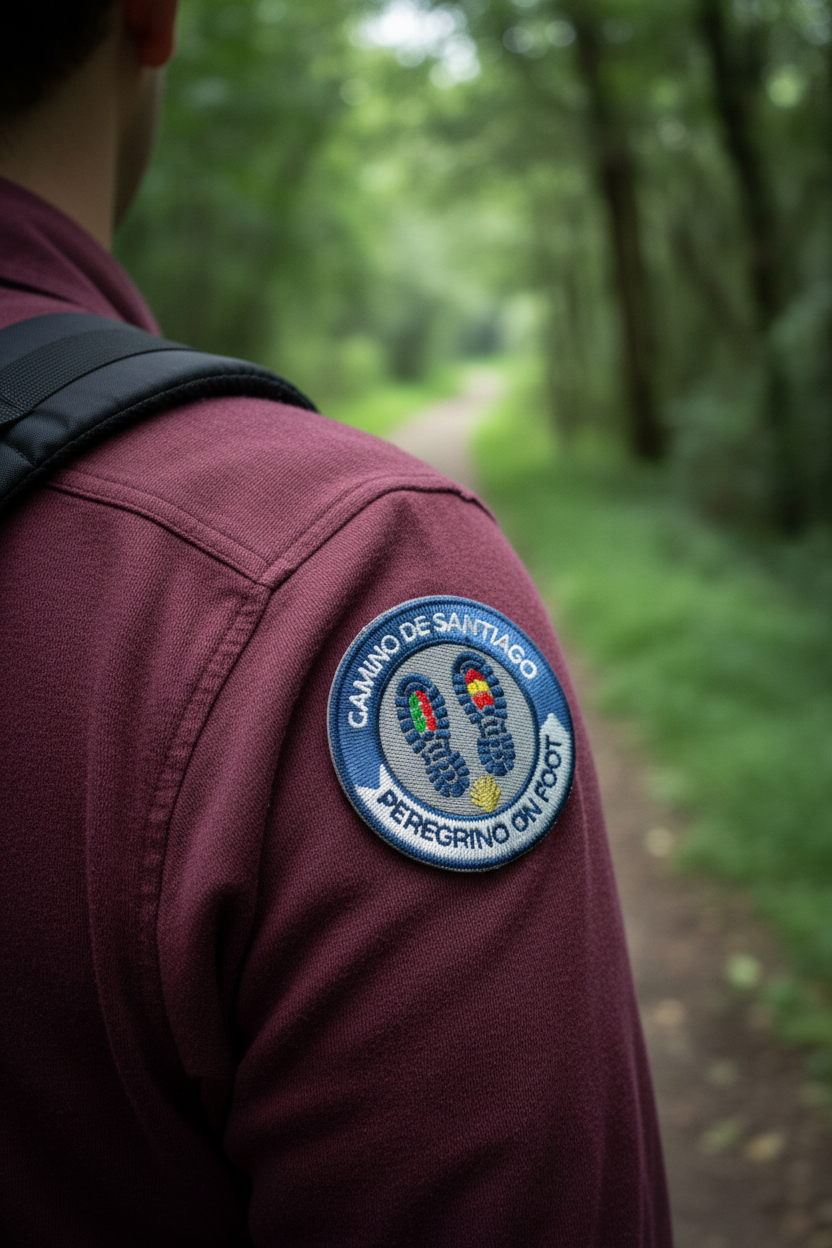 Blue Peregrino On Foot Camino de Santiago patch on the shoulder of a burgundy shirt