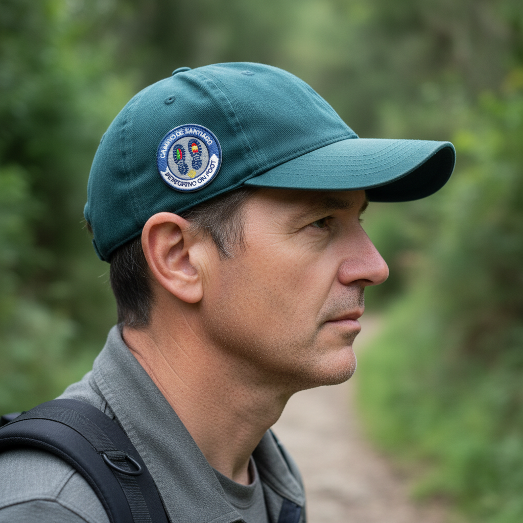 Blue Peregrino On Foot Camino de Santiago patch on the side of a dark teal cap