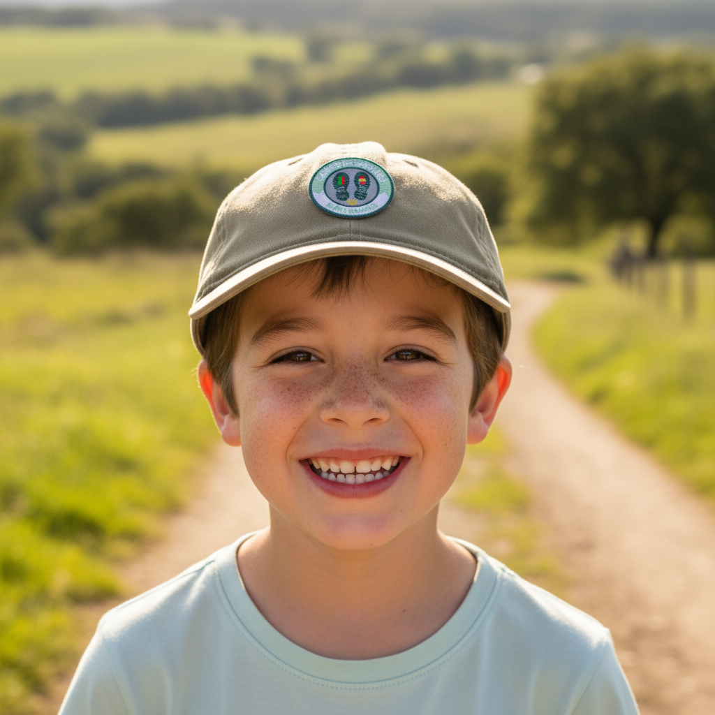 Smiling young boy wearing a khaki cap with a small mint green Buen Camino Camino de Santiago patch