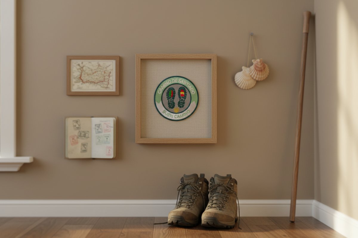 Mint green Buen Camino Camino de Santiago patch framed on a Camino memory wall