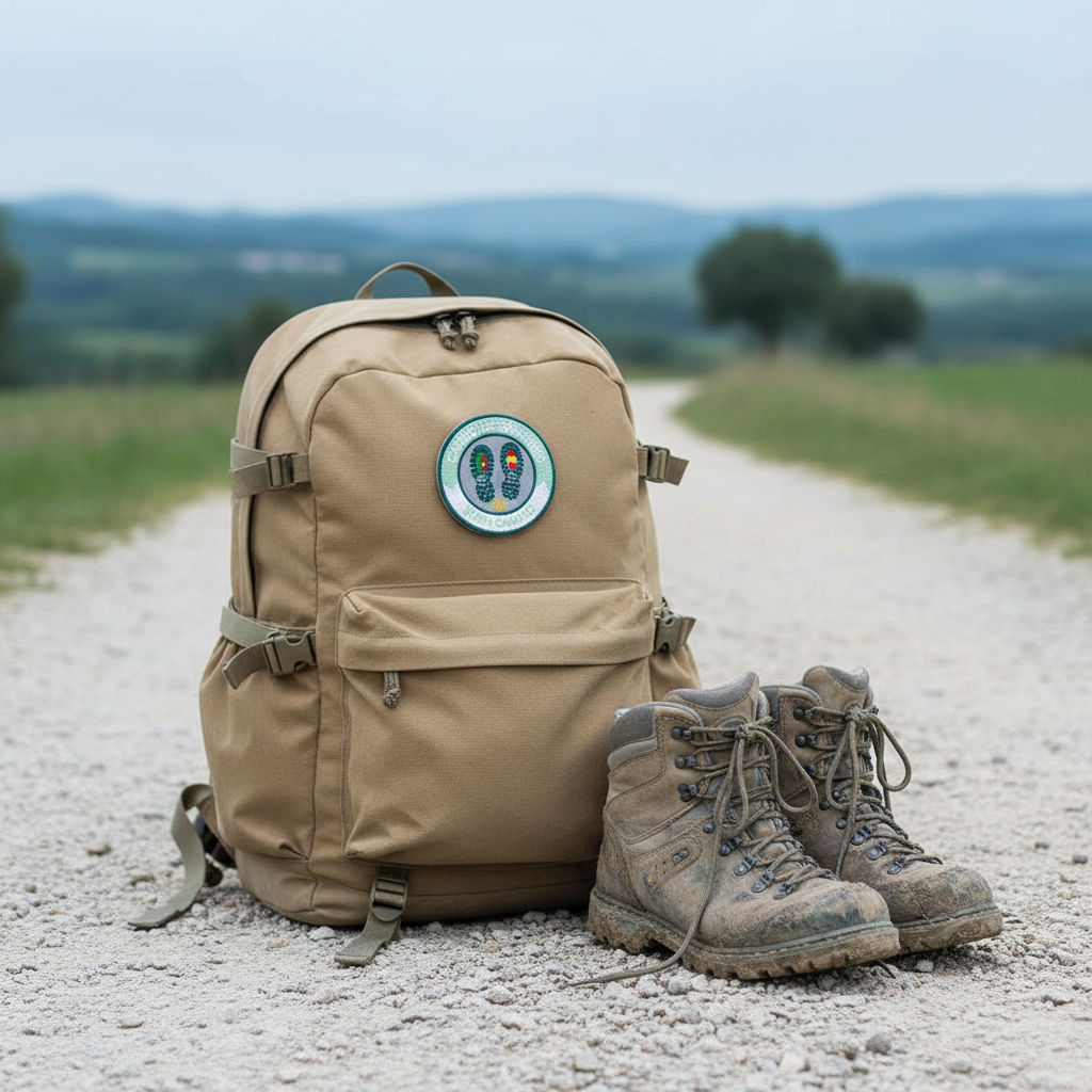 Mint green Buen Camino iron-on patch from Pilgrim Artifact on a tan canvas backpack beside muddy hiking boots on a Camino de Santiago gravel trail
