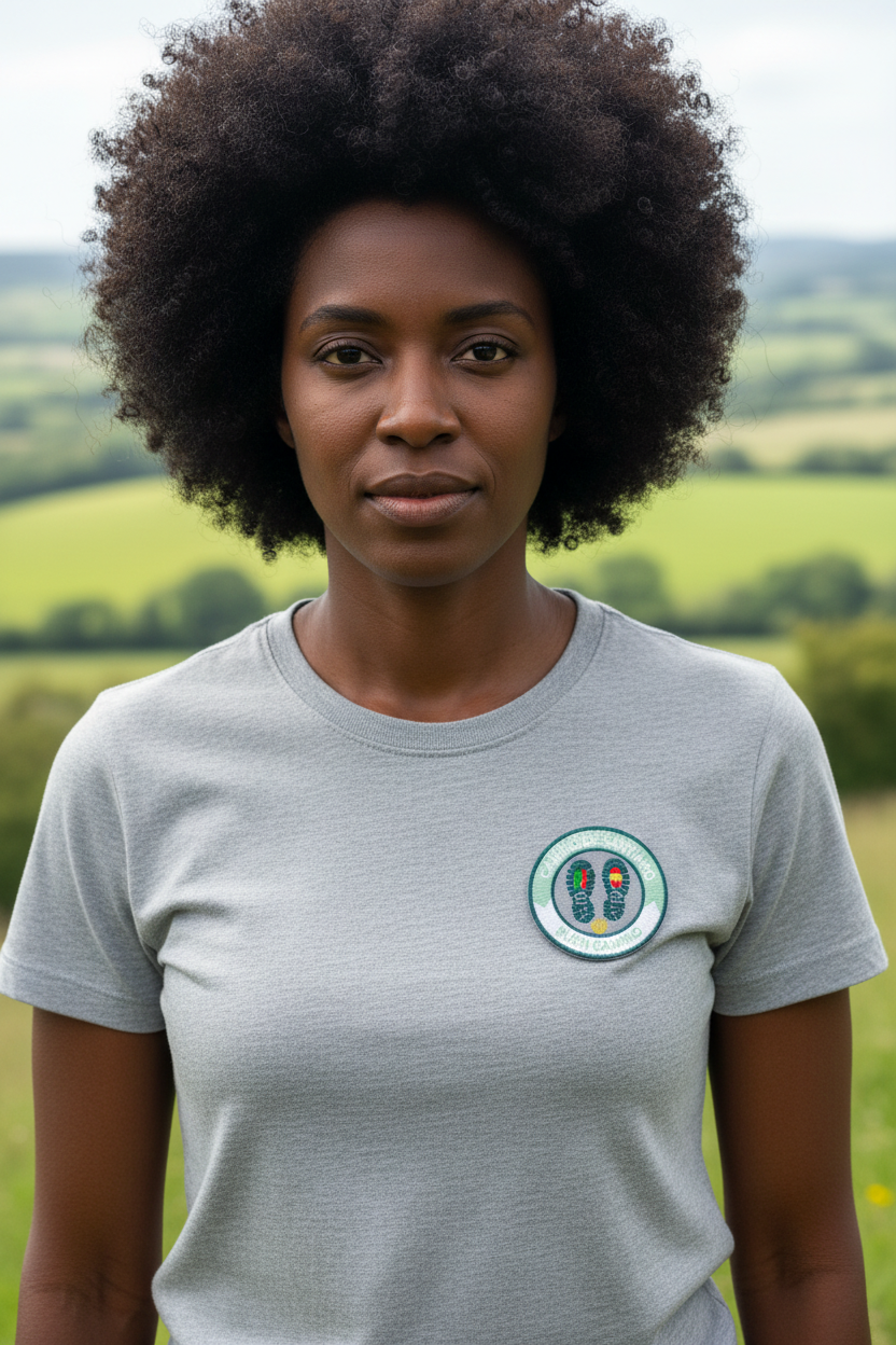Woman wearing a grey t-shirt with a mint green Buen Camino Camino de Santiago patch on the chest