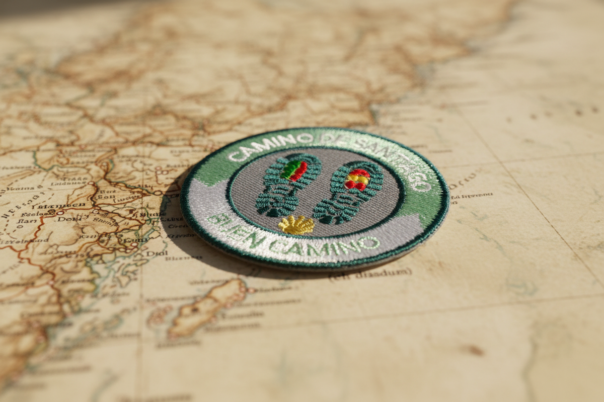 Mint green Buen Camino Camino de Santiago patch lying flat on an antique map