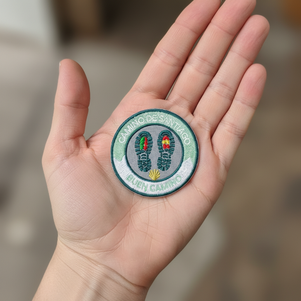 Mint green Buen Camino iron-on patch from Pilgrim Artifact with hiking boot treads and a gold scallop shell, resting on an open hand
