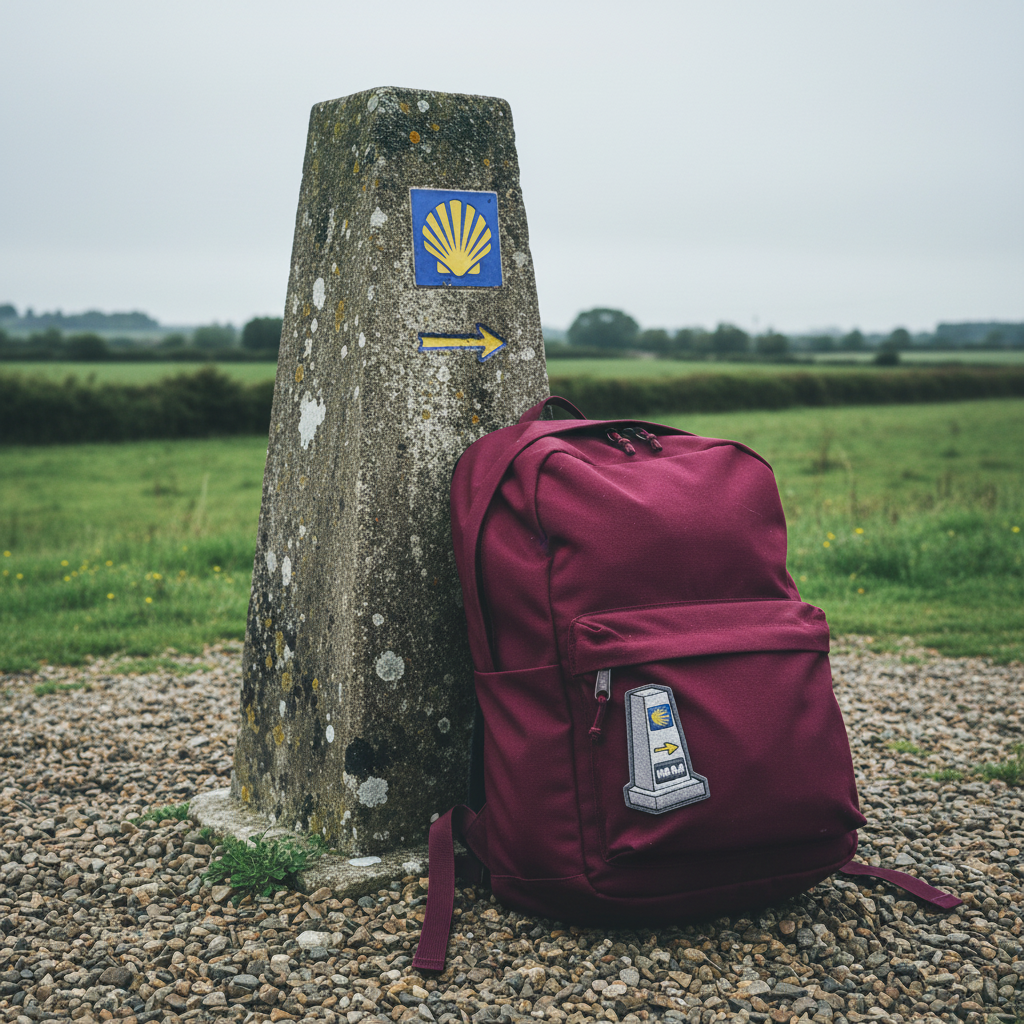 Burgundy hiking pack leaning against a stone mojón with the KM 0.0 milestone marker patch from Pilgrim Artifact