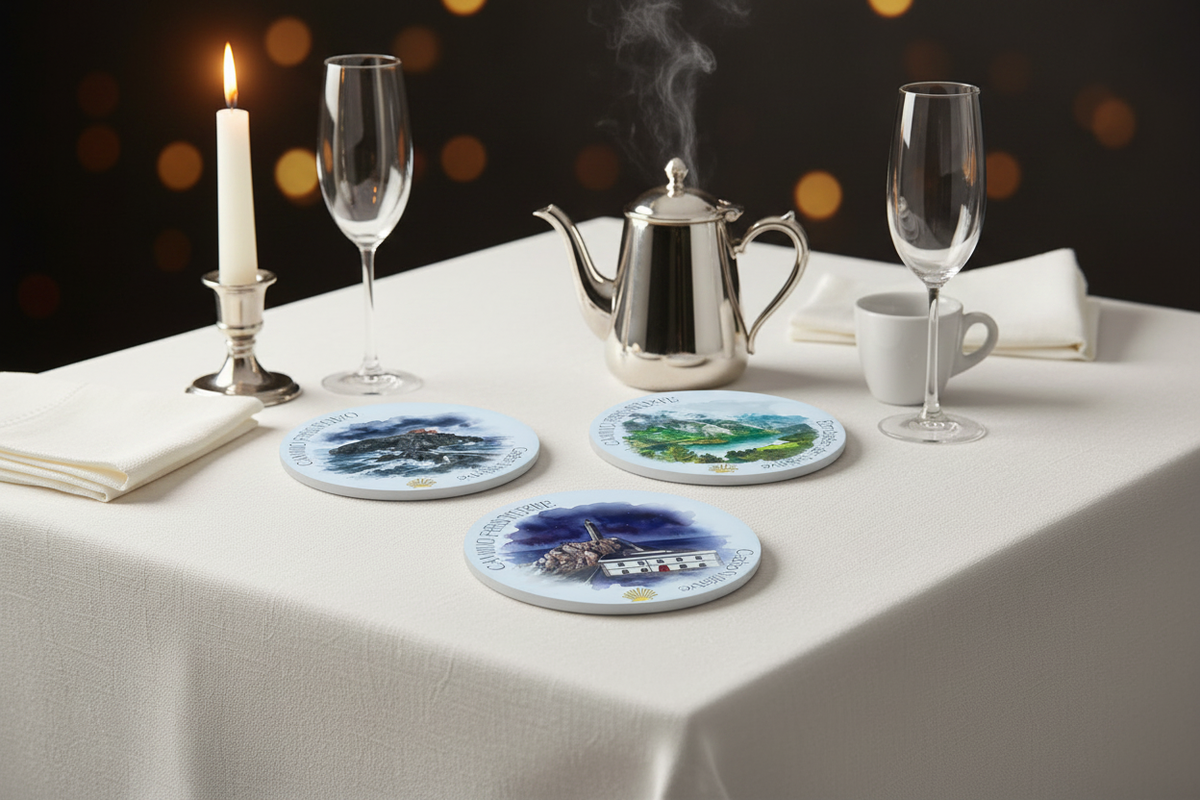 Camino Finisterre, del Norte and Camino Primitivo ceramic coasters by Pilgrim Artifact in a formal setting by candlelight 