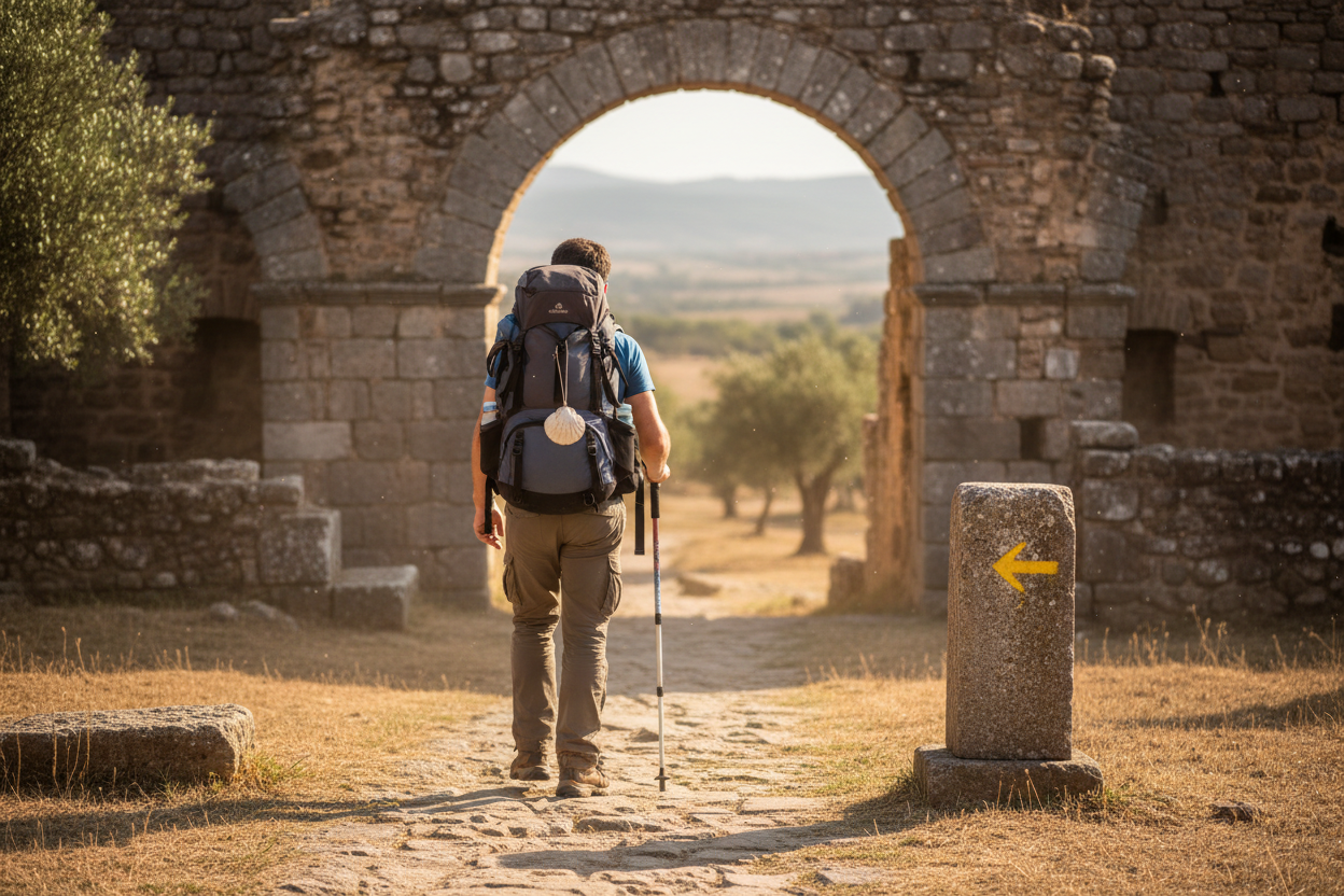 Camino pilgrim with truly small scallop shell