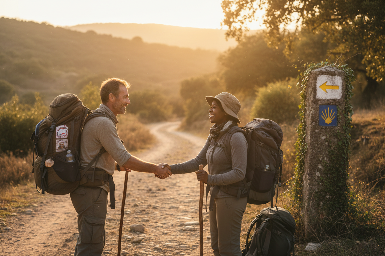 Camino pilgrims meeting with arrow marker