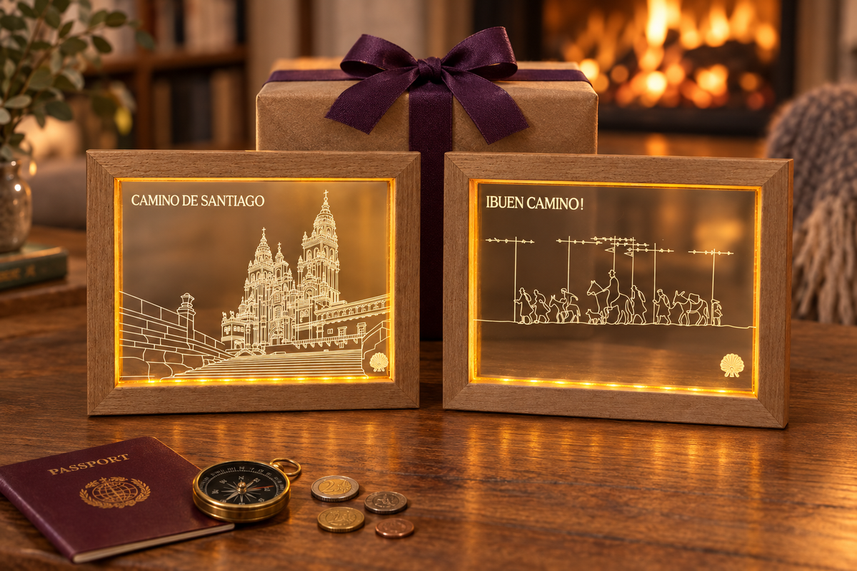 Pilgrim Artifact Camino LED frames featuring the Santiago cathedral and Camino Frances - Alto del Perdón designs beside a gift box and fireplace.