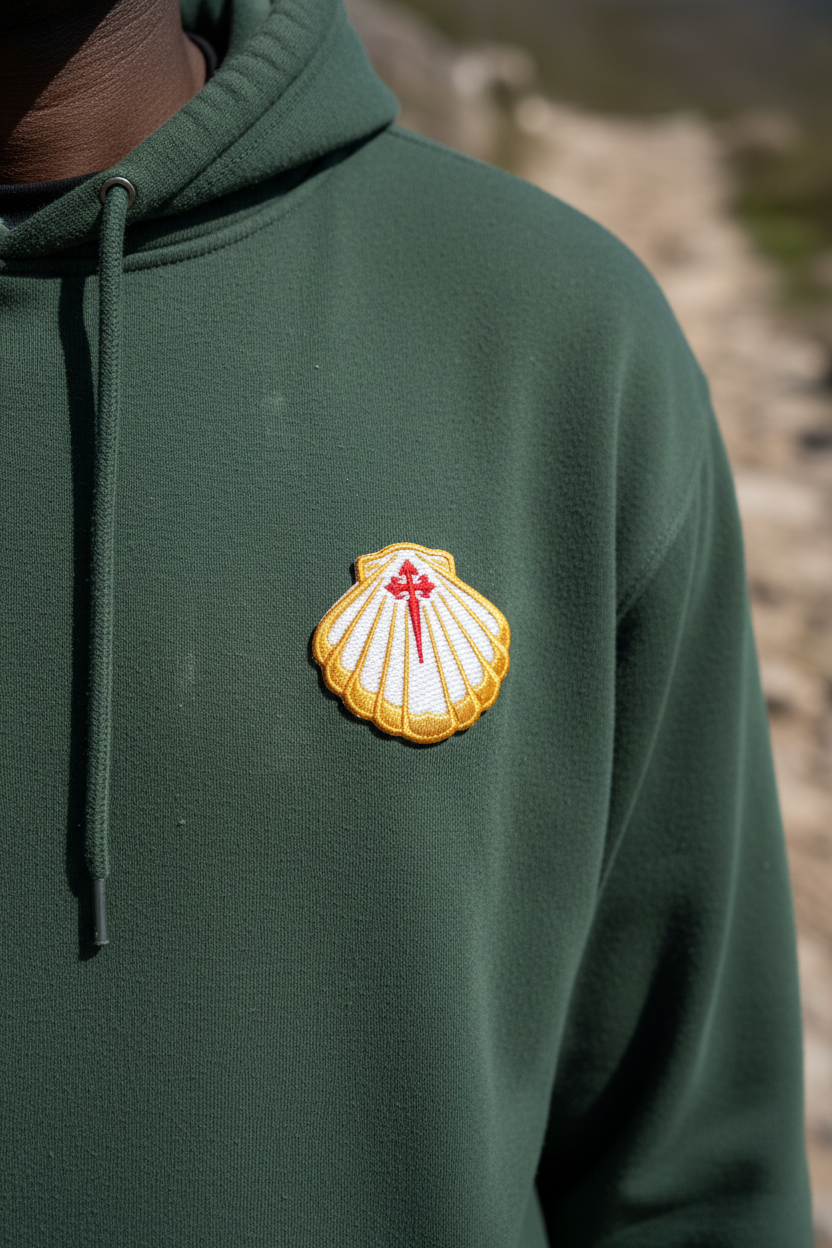 Close-up of scallop shell embroidered patch on a hoodie