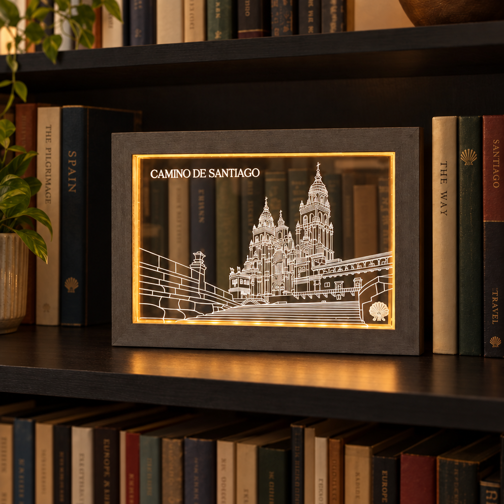 Dark grey-washed Camino de Santiago LED frame lit on a black bookshelf between books, the clear acrylic panel showing the shelf behind.