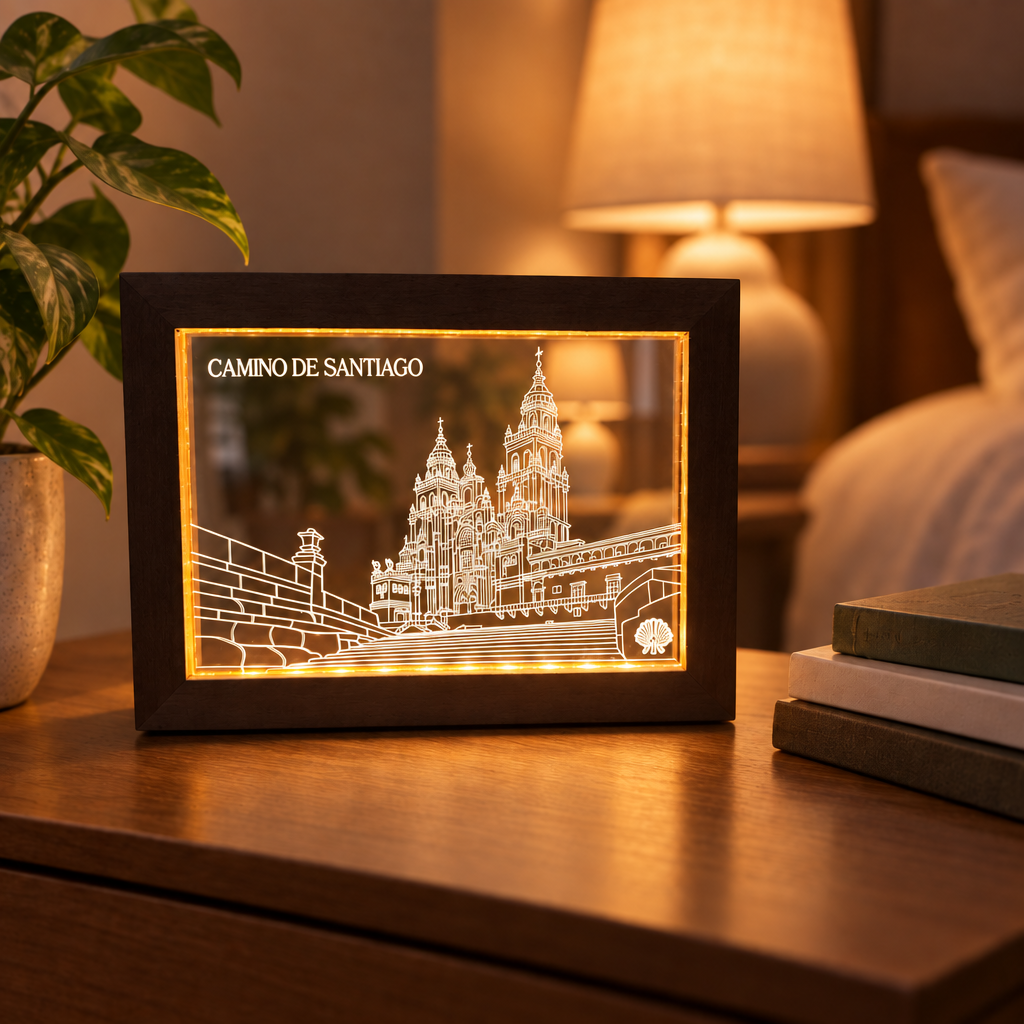 Dark brown Camino de Santiago LED frame lit on a wooden nightstand beside books and a lamp, the engraved art glowing on a clear panel.